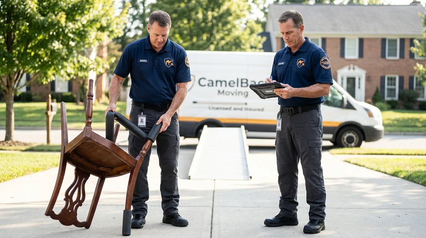 Movers inspecting furniture for damage prevention before loading in Pine Knot, KY