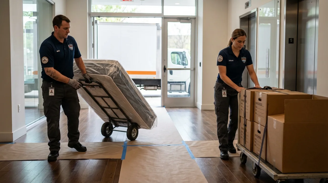 Professional apartment movers loading elevator in Pine Knot, KY